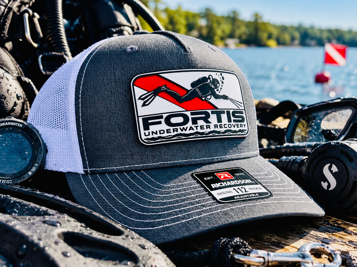 Charcoal and white Richardson 112 trucker hat with Fortis Underwater Recovery 3D two-layer leatherette patch