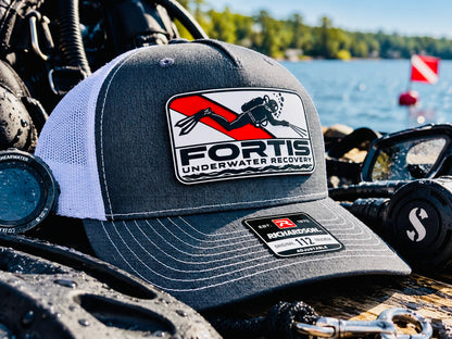 Charcoal and white Richardson 112 trucker hat with Fortis Underwater Recovery 3D two-layer leatherette patch