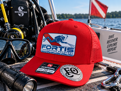 Red Richardson 112 trucker hat with Fortis Underwater Recovery acrylic tri-layer patch