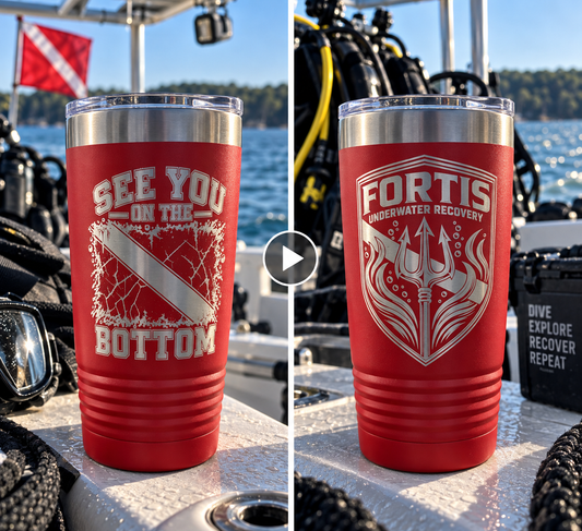 Fortis Underwater Recovery 20oz Tumbler showing See You On The Bottom and Fortis logo engravings